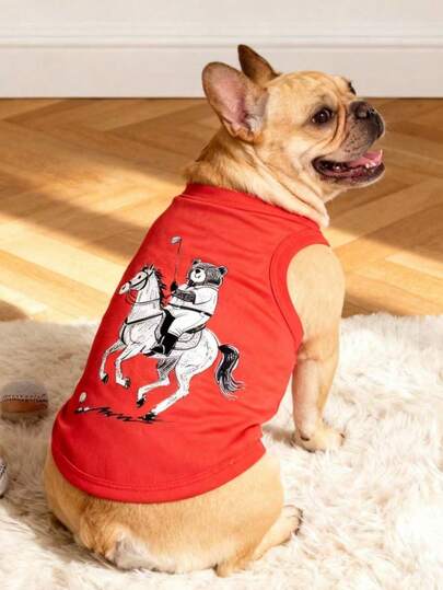 LUCKIE LABO 1件高尔夫熊和小马印花背心，小型犬专用防跳蚤蜱虫内衣，时尚宠物服装，室内外均可穿着，适合吉娃娃及小型犬种