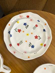 1pc Asymmetrical Ceramic Plate, Hand-Painted Floral Plate, Bread/Dessert/Dinner/Salad/Steak/Pasta/Cake Plate, INS Style
