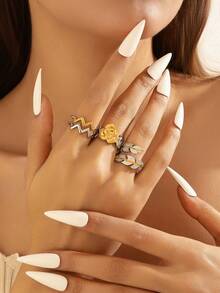 3/6/9/12pcs Set 18K Gold Plated Stainless Steel Minimalist Geometric Pattern Open Rings, Suitable For Women's Daily Wear (Random Delivery) - Gold - View 3