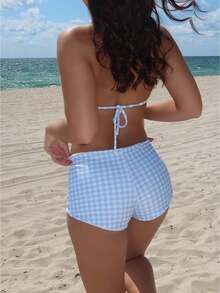 Women's Y2k Gingham Bow Bikini Set 2 Piece Bikini Shorts Sets Halter Triangle Boyshort Swimsuit Swimwear Cute Plaid Swimwear With Boyshorts - 藍色 - 查看 4