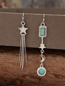 一对优雅时尚的星月不对称流苏耳环，适合女性日常、派对、旅行佩戴，也是一份精美的珠宝礼物。 - 銀色 - 查看 5