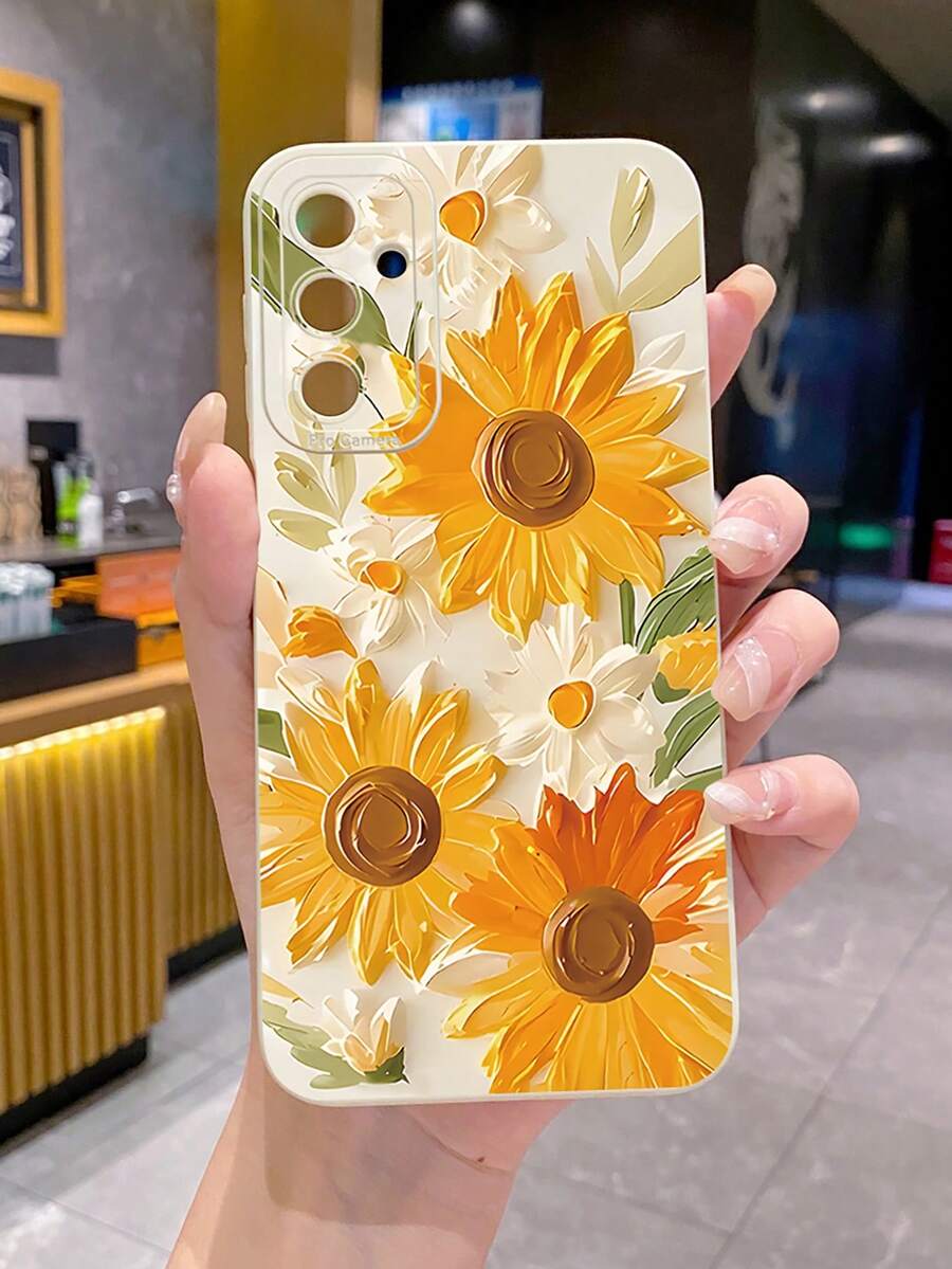 1pc Oil Painting Yellow Flower Shockproof Phone Case, UV Printed Compatible With Samsung/Galaxy///// Android Models - Beige - View 1