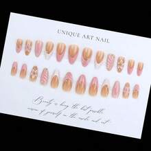 3D Pink Press On Nails Almond - Medium French Tip Nails With Embossed FlowerGold Bead Designs, Glossy Reusable False Nails With Glue Tabs - 24Pcs Nail Kit Women Manicure - 粉紅法式尖頭花 - 查看 6