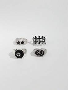 4件套黑色设计戒指套装，黑白星空十字图案戒指，可调节开口尺寸，独特配饰，适合青少年及日常佩戴 - 銀色 - 查看 2