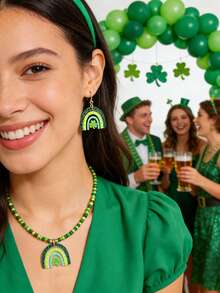 Conjunto de joyas hechas a mano para el Día de San Patricio, accesorios casuales para fiestas con arcoíris de acrílico y trébol de dibujos animados - Multicolor - Ver 4