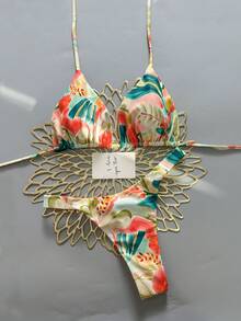 ROMWE Avant 两件套休闲可爱优雅性感波西米亚风花卉系带编织比基尼泳衣，海滩度假，春夏 - 彩色 - 查看 1