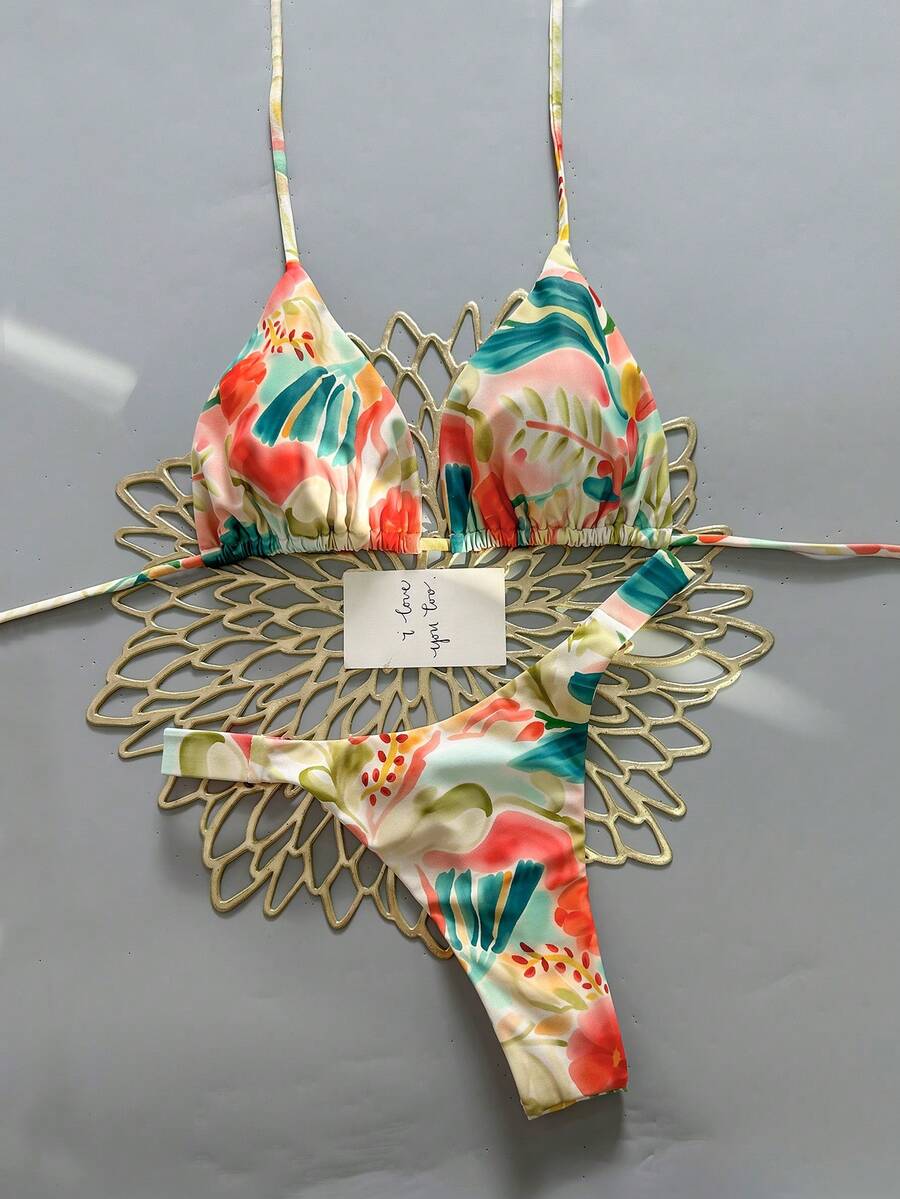 ROMWE Avant 两件套休闲可爱优雅性感波西米亚风花卉系带编织比基尼泳衣，海滩度假，春夏 - 彩色 - 查看 1