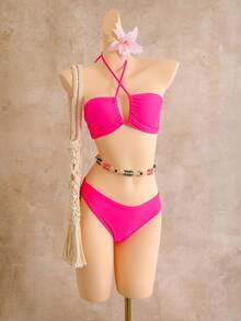 New European & American Style Fuchsia Strapless Crop Top + Side Ruffle Sheer Wide Leg Pants 2-Piece Vacation Outfit For Women - Hot Pink - View 10