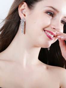 1 Pair Long Leaf Dangle Drop Clip On Earrings, Bridal Wedding Zirconia Crystal Silver Plated Cubic Zirconia Jewelry Accessories For Brides, Banquet, Party, Pageant, Prom, Women, Ladies, Bridesmaids Gifts - 1 Pair Clip On Earrings - View 4