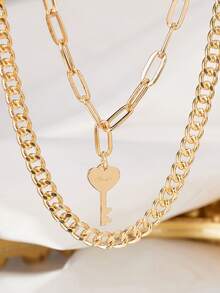 Nooxian 2件套金色金属粗链方形回形针吊坠叠戴项链套装，适合度假和海滩佩戴（链节数量随机） - 金黃色 - 查看 4