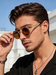 一副男士圆形金属时尚眼镜，蒸汽朋克未来主义科幻风格，适合音乐节和日常佩戴。 - 圓形 - 查看 5