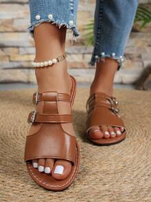 1 par de sandalias de mujer de unicolor, elegantes, casuales y sexys de cuero PU para exteriores, adecuadas para la playa, resort, casual, oficina, hogar, primavera/verano - Marrón - Ver 8