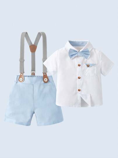 BOARNSEORL 2pcs Young Boys Gentleman Outfit - White Short Sleeve Shirt With Bow Tie And Suspender Shorts, Fashionable & Stylish For Banquet, Birthday, Christening, Outing And Events