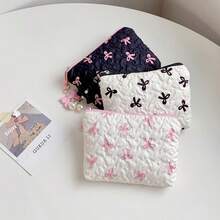3pcs Set Ruffled Bow Makeup Bag, Fabric Bow Lipstick Pouch, Suitable For Storing Coins, Sanitary Pads And Keys