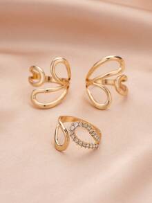 3pcs Fashionable Rhinestone Geometric Adjustable Rings Set, Suitable For Women's Daily, Date, Party, Stacking - Yellow Gold - View 2