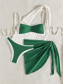 wohenmeili Conjunto de bikini de tirantes finos con ribete de color contrastante para la playa y vacaciones de verano - Verde Oscuro - Ver 6