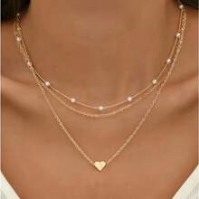 1件优雅法式多层心形吊坠项链，精美珠宝礼物，适合女性、新娘、情人节、母亲节等场合。 - 金黃色 - 查看 1