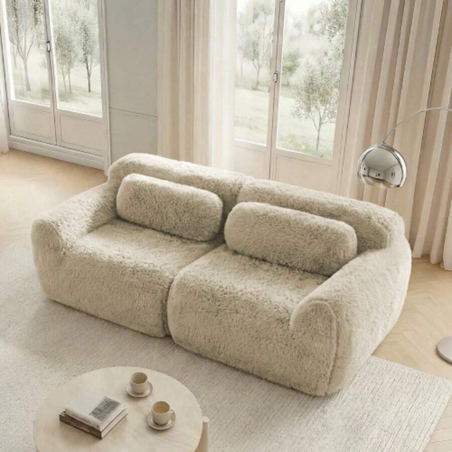 Double Sofa, Soft Fabric, Modular Frameless Design, Freely Combinable, With Cushions. Soft, High-Elasticity Foam, Non-Slip Flooring, Ideal For Living Room, Bedroom, Light Khaki - 卡其色 - 查看 1