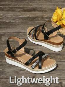 Aijiangluo Giày sandal nữ màu đen thời trang mới, nhẹ, đa năng, đính đá lấp lánh, hở mũi, đế dày, kiểu dáng nghỉ hè, quai đan, đế xuồng, thích hợp cho hẹn hò, mua sắm, đi làm, dự tiệc, đi biển. - màu đen - Xem 5