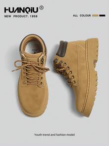 HUANQIU Boots 2026 New Autumn British Style Retro Work Boots Thick Sole Height Increasing Yellow Boots Men's Shoes Solid Color Western Style Workwear Style Lace-Up Metal Eyelets Home Wear - Camel - View 3