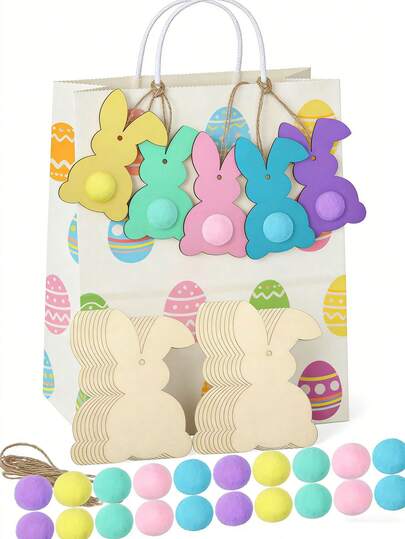 60/30pcs Unfinished Wooden Easter Bunny Silhouette Shapes With Colorful Pom Poms, Suitable For Hanging Ornaments, Handmade Bunny Gift Tags, Wooden Pendants, DIY Crafts, Easter Party Favors, Basket Fillers And Decor, For Farm And Other Occasions. Wooden Bunny Silhouettes, Easter Wooden Handicrafts.