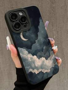 1pc Minimalist Artistic Ins Style Romantic Starry Sky Cloud Moon Pattern Black Cat Eye Full Coverage Soft Phone Case Compatible With IPhone 11/12/13/14/15/16/17 Pro Max - Multicolor - View 2