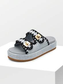 Women's Raffia Espadrilles 1.85-Inch Platform Sandals Comfortable Wedge Sandals Adjustable Buckle Cute Slide Beach Vacation Summer Shoes - Màu xanh lam - Xem 8