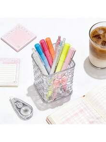 Transparent Acrylic Desktop Pen Holder, Makeup Brush Storage Cup With Bow Tie, Student Teacher's Day Gift Office Desktop Organizer - Multicolor - View 6