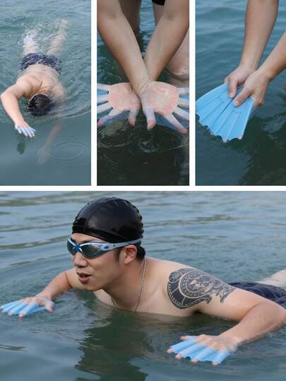 2pcs Diving Fins, Blue Swimming Flippers, Silicone Webbed Gloves For Free Diving, Perfect Accessories For Outdoor Diving And Swimming, Suitable For Training, Fishing, Pool, Beach And Ocean Use | Ergonomic Design | Silicone Structure