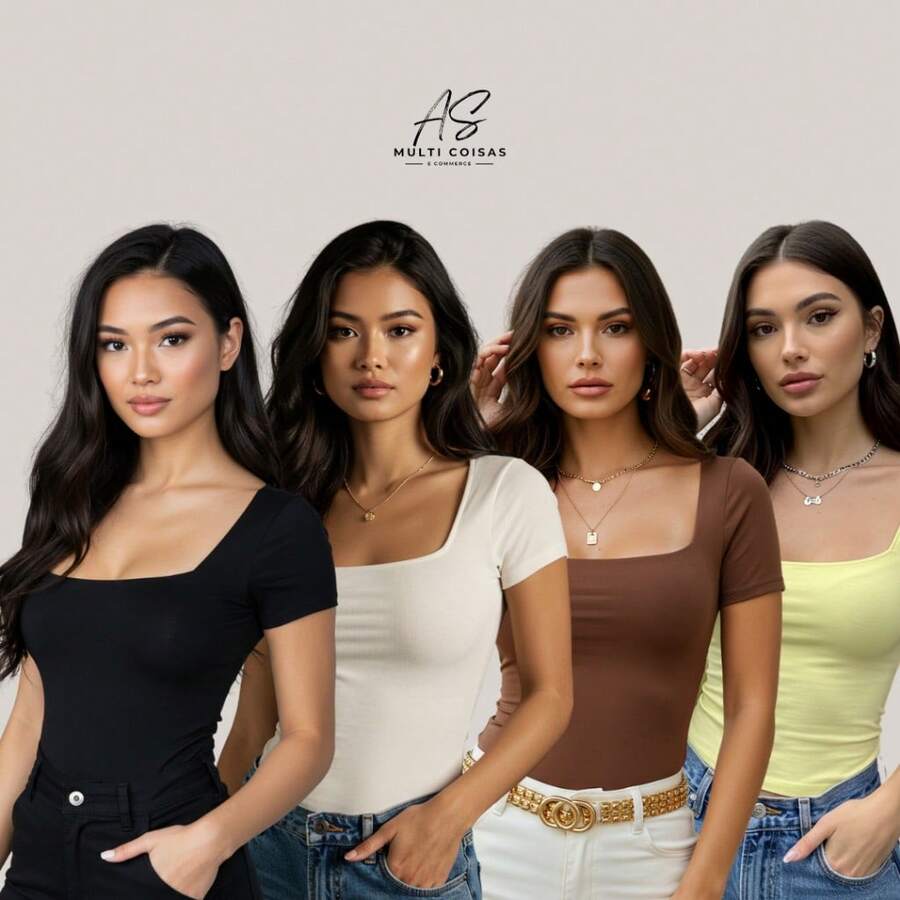 Set Of 4 Baby Look Blouses With Double Front Lining And Square Neckline. Simple. None. Vacation. Beach. - BLACK//BROWN/YELLOW - View 1