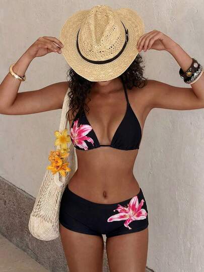 PEPPERMOLLY Fashionable Floral Swimsuit: Black Backless Bikini Top + High-Waisted Shorts, Decorated With Vibrant Lily Flower Pattern - Stylish And Comfortable Swimsuit Set, Suitable For Summer Vacation, Beach Leisure And Holiday Wear.