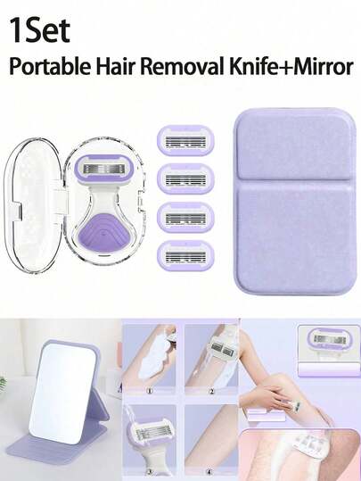 女士脱毛剃刀带镜子组合，包含腋下、腿部和比基尼部位剃毛器，可折叠小镜子，便携式，桌面立式，粉色手动剃刀，口袋迷你便携办公桌化妆镜，女士比基尼手动剃刀刀片脱毛剃须/5层刀片，不锈钢刀片可更换粉色剃刀头，女孩旅行必备礼物（手柄+刀头+收纳盒）