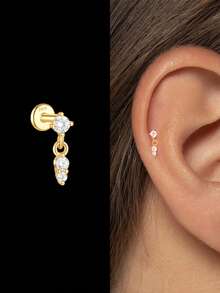 1件装925纯银防过敏耳钉，女士经典耳钉，耳廓耳软骨平底设计，适合日常佩戴、婚礼、派对、订婚等场合，精美珠宝。 - 金色 - 查看 1