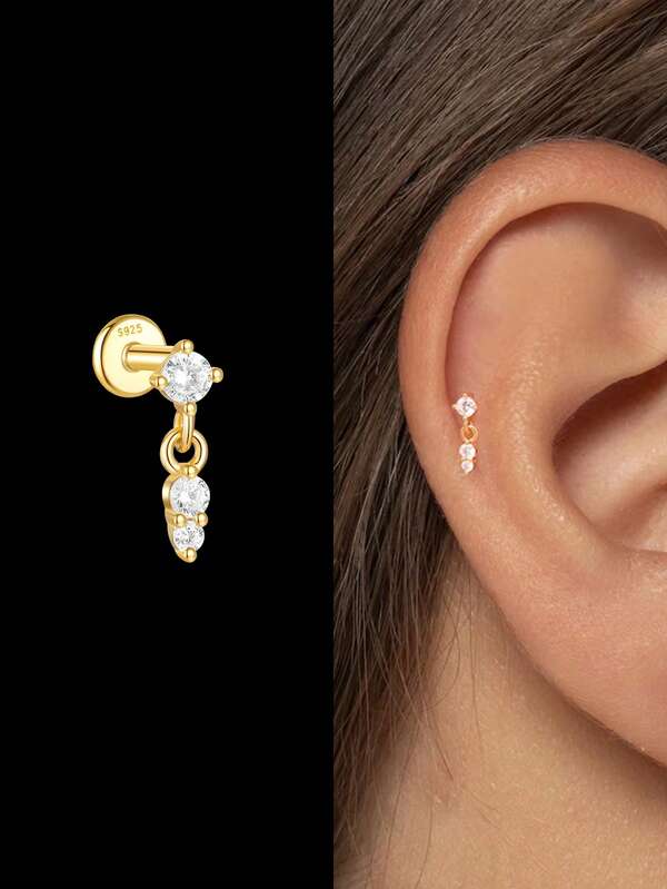 1Pc 925 Sterling Silver Hypoallergenic Earrings For Women Classic Stud Earring Helix Cartilage Flat Back For Daily Wear Wedding Party Engagement Fine Jewelry