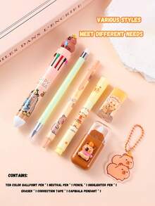 1 Set Children's Cartoon Style Capybara Theme Stationery Set, 7-In-1 Set, Includes 10-Color Ballpoint Pen*1 Neutral Pen*1 Pencil*1 Highlighter*1 Eraser*1 Correction Tape*1 Capybara Pendant, Suitable For Children's Daily Use, Ideal Gift For Kids - Multicolor - View 3