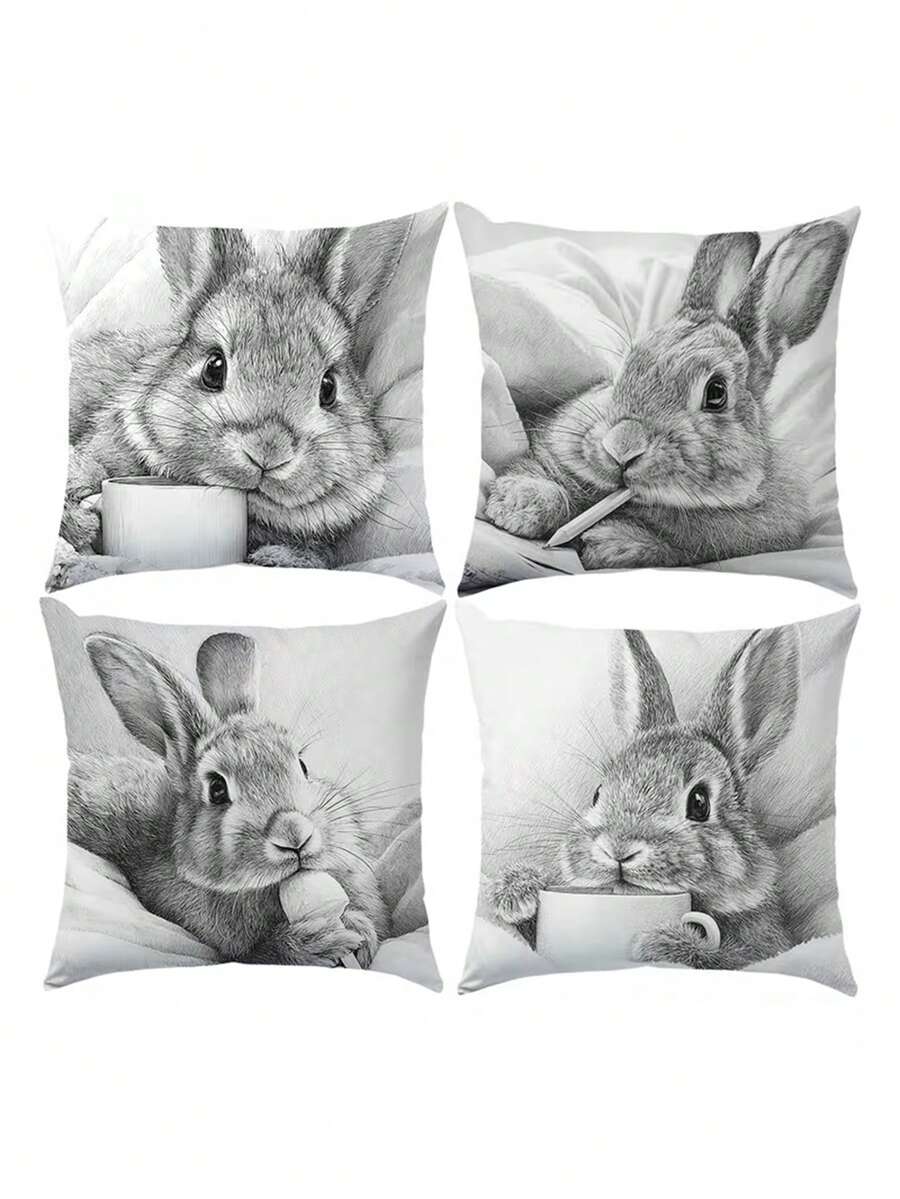 4pcs Sketch Cute Rabbit Printed Pillow Covers | 17.7x17.7in, Polyester, Machine Washable, Zipper Closure, Suitable For Living Room And Bedroom Decor - Black and White - View 1
