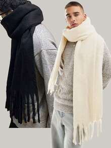 1pc Men's Solid Color Thick Warm Scarf, Fashionable Tassel Design Versatile Shawl, Suitable For Daily Warmth And Outfits, Autumn/Winter Season