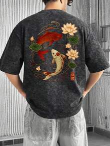 FRACTYR Men's Summer Fashion Minimalist Street Carp Element Print Round Neck Short Sleeve T-Shirt | All-Match Street Casual Tee, Boyfriend/Husband Gift - Black - View 3