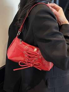 1 pieza Bolso de motocicleta retro de mujer color Merlot con remaches, correa ajustable, gran capacidad, piel sintética suave con degradado de color, bolso de hombro/axila, adecuado para trabajo, viajes, citas, fiestas - Burdeos - Ver 2