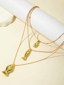 imoli 1 Set/Fashionable Creative New Bohemian CCB Ocean Element Fish Pendant Multi-Layer Necklace, Suitable As Beach Holiday Gift For Women - 31258-nek-g-eP - View 7