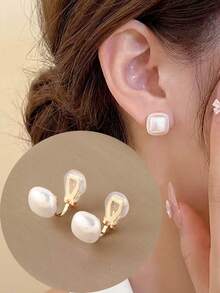 1 Pair Fashion Faux Pearl Clip-On Earrings For Women, No Piercing Needed, Elegant Aesthetic Clip Earrings, Suitable For Daily Wear And Gifts - Ear Clip - View 9