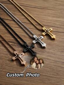 1pc Customized Photo Projection Necklace, Personalized Stainless Steel Cross Projection Necklace, Unisex Cross Projection Necklace, Custom Photo Projection, Couple Necklace, Customized Valentine's Day Gift, Unique Photo Gift For Girlfriend, Family, Friends - Cross Projection Necklace - View 2