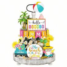 12PCS Tiered Tray Decor Set - Hello Summer Hawaii Farmhouse Rustic Beach Gnome Wood Sign Items For Home Table Kitchen Shelf Decor - Màu xanh lam - Xem 8
