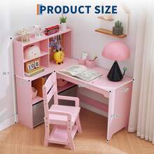 Escritorio y silla para niños, escritorio de esquina, mesa de estudio con estantería, cajón de tela y tablero de anuncios para niñas, color rosa - Rosa - Ver 4