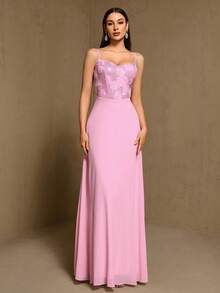 女士3D亮片花卉雪纺无袖长裙，优雅伴娘礼服，正式晚礼服，适合婚礼宾客、毕业典礼、盛大晚宴、生日派对等场合，春夏款 - 粉色 - 查看 5