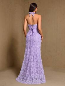 3D Floral Decor Waist-Cinching Sleeveless Elegant Evening Gown, Suitable For Spring, Formal Wedding Guest Dress, Appropriate For Graduation Ceremony, Gala Dinner And Other Occasions - Mauve Purple - View 4