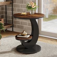 FINMIND Round End Table, 2 Tiers Side Table With Storage Shelf, Sofa Side Bedside Nightstand With Wood Metal Arc-Shaped Frame - Brown - View 1