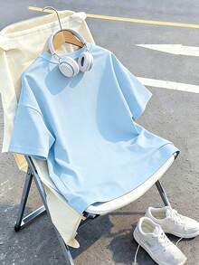 Tween Girl Capybara Print Round Neck T-Shirt, Summer Top - Baby Blue - View 3
