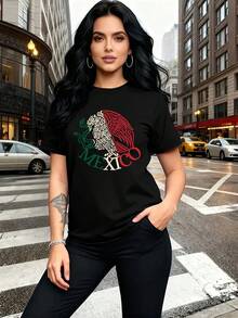 Camiseta de cuello redondo con estampado de emblema nacional de colores de la bandera mexicana de estilo simple, adecuada para personas que buscan un estilo personalizado y natural, se puede usar sola para salidas diarias, combinada con chaquetas, en capas para un look en capas, adecuada para viajes y vacaciones, deportes casuales,  sin ataduras, conjuntos de hermanas, adecuada para varios escenarios de estilo. - Negro - Ver 2