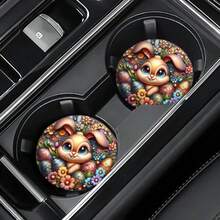 Easter Cartoon Rabbit Print Round Car Cup Coaster - Multicolor - View 2